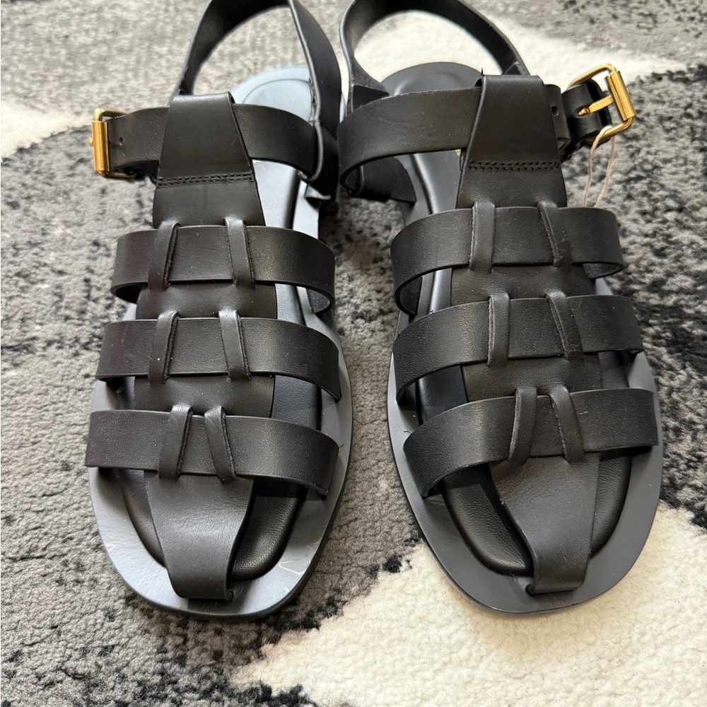 Mansur Gavriel Fisherman Sandals - Black Leather Sandals with Gold Buckle - Picture 2 of 11